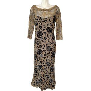 Tadashi Shoji Casablanca Gown Black Gold Dress Maxi Long Sleeve Size 14